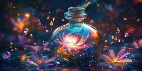 Poster - Cosmic potion bottle with swirling galaxy, sparkling crystals, and vibrant flowers, creating a magical and enchanting atmosphere