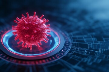 Aufkleber - Vivid Abstract Visualization Hyper-Detailed Coronavirus Particle in Blue and Red Against Digital Background - Essential for Modern Science Marketing and Healthcare Innovation
