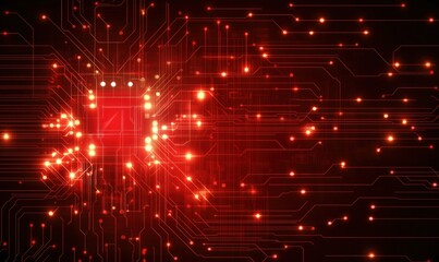 Poster - Red circuit board with glowing microchip and intricate electronic pathways, showcasing advanced technology and digital connections