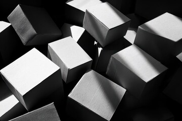 Poster - Shadows of cardboard boxes create an abstract pattern in a dimly lit warehouse setting