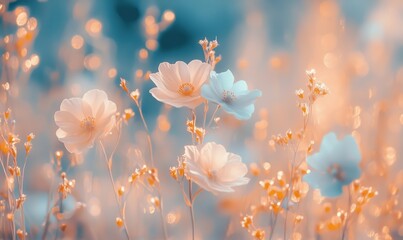 Poster - Dreamy pastel flowers blooming in soft focus, surrounded by delicate buds and ethereal bokeh background