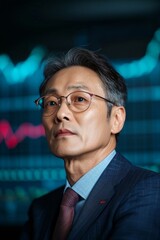 Poster - Contemporary Financial Analysis Korean Analyst in Tailored Suit Presenting Digital Exchange Rate Trends in South Korean Corporate Conference Room for Strategic Business Innovation