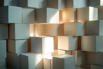 Poster - Light illuminating abstract arrangement of white cubes in a creative geometric display