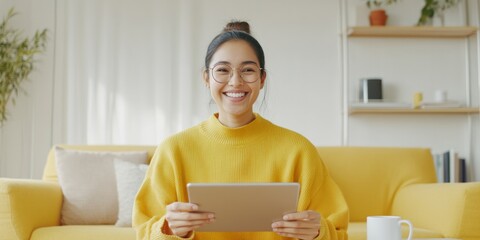 Aufkleber - Bright Minimalist Home Office Young South Asian Woman in Cozy Knit Engages in Virtual Meeting - Remote Work Culture and Digital Collaboration for Modern Business Innovation