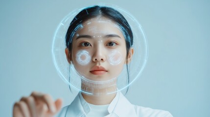 Leinwandbilder - Futuristic Healthcare Vision Young Asian Female Doctor with Holographic Interface - Tech-Driven Wellness Metrics in Clinical Innovation for Modern Health Solutions