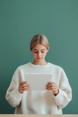 Poster - Modern Digital Learning Aesthetics Woman Engaged with Tablet on Minimalist Green Background - Educational Tech Content and Innovative Classroom Design Solutions