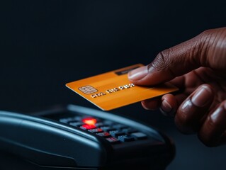 Aufkleber - Cyber-Chic Shopping Scene Hand with Gold Credit Card at Sleek Payment Terminal in Korean Retail - Cashless Convenience for Modern Fintech and Secure Transactions