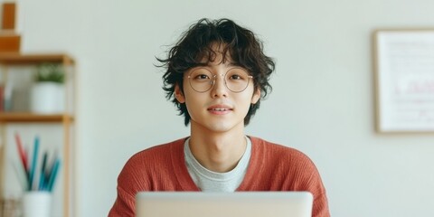 Poster - Minimalist Office with Young Korean Entrepreneur Harnessing Fintech Innovations and Digital Banking on Sleek Laptop for Smart Business Growth