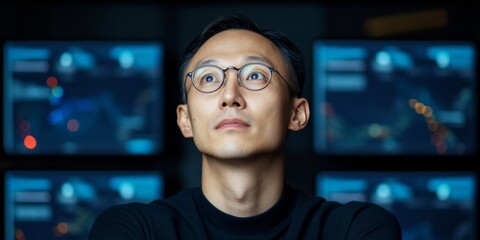 Poster - Digital Vigilance Asian Male Analyst in Blue-Hued Tech Workspace - Monitoring Misinformation Trends for Business Insights and Myth-Busting Strategies