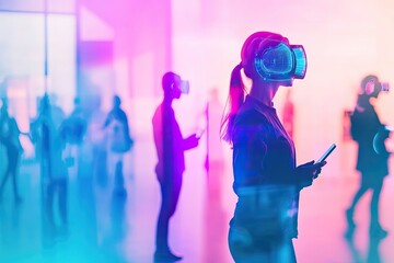 Poster - vibrant scene depicting individuals engaging with advanced biohacking technologies to enhance their 