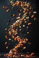 Poster - visually striking display of nuts seeds and dried fruits cascading in perfectly controlled spiral motion