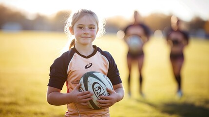 Poster - young girl in rugby jersey holding ball standing confidently on sunlit field