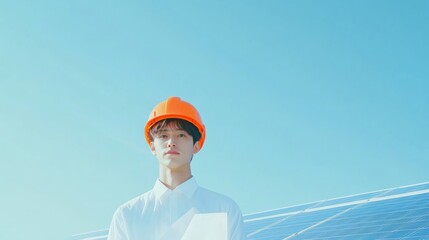 Aufkleber - Futuristic Renewable Energy Vision Young Asian Engineer, 28, with Blueprint at Solar Panel Farm - Sustainable Tech Innovations for Green Business and Engineering Solutions