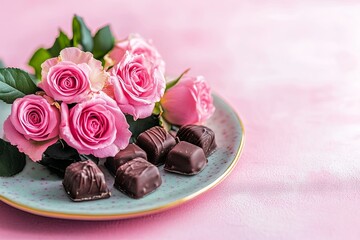 Wall Mural - A small bouquet of roses and chocolates for Valentine Day, styled on a pastel surface