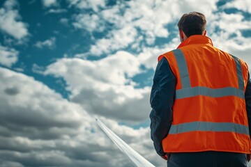 Poster - Wind Energy Innovation Engineer in High-Visibility Gear Inspecting Turbine Blade Under Cloudy Sky - Advanced Green Infrastructure for Sustainable Power Solutions and Eco-Engineering