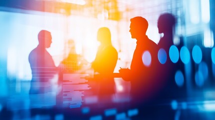 Poster - Silhouettes of professionals engaged in a discussion in a modern workspace.