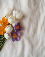 Aufkleber - Minimalist Botanical Display Snowdrops, Crocuses and Daffodils on Linen Texture Seasonal Product Showcase for Eco-Friendly Spring Catalogs and Educational Floral Branding