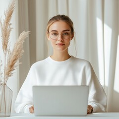 Poster - Contemporary Home Workspace Female Professional in Minimalist Scandinavian Setting Conducting Virtual Team Meeting - Enhancing Telecom Marketing and Digital Collaboration