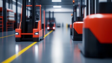 Poster - A warehouse scene featuring forklifts lined up in an industrial setting.