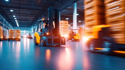 Poster - A busy warehouse scene with forklifts moving pallets in a dynamic industrial environment.