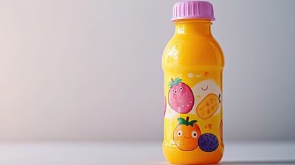 Poster - bright bottle of fruit-flavored yogurt drink for kids with cartoon-themed packaging placed on clean white surface with