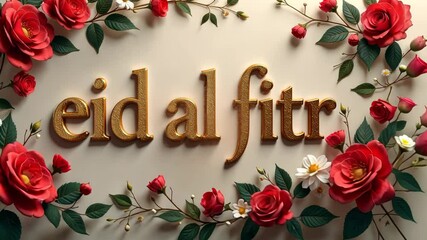 Aufkleber - The word Eid al-Fitr is written in gold letters on a white background. The letters are surrounded by flowers
