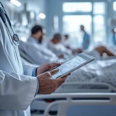Leinwandbilder - Innovative Healthcare Aesthetics Doctor Engaging with Digital Tablet Amid Hospital Beds - Enhancing Medical Precision and Patient Care Through Modern Tech Solutions