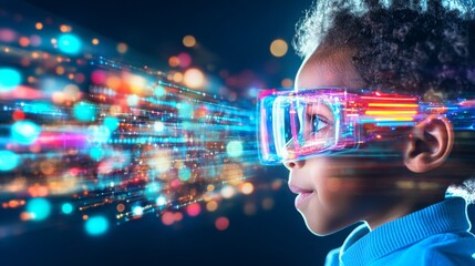 Poster - Child experiences immersive technology through innovative eyewear with vibrant visual effects