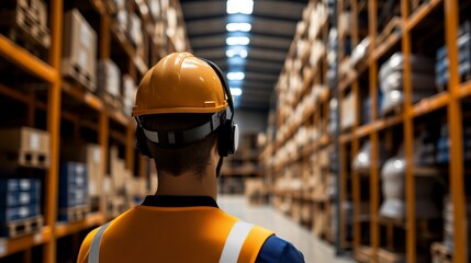 Poster - Worker in a warehouse, wearing a helmet and headphones, surrounded by shelves of boxes.