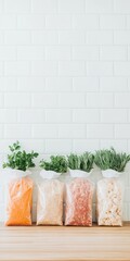 Poster - Sustainable Meal Prep Display Organized Freezer Bags with Fresh Ingredients on Wooden Counter - Streamlined Culinary Efficiency and Eco-Friendly Kitchen Storage Solutions