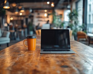 Aufkleber - Industrial-Chic Coworking Space Oak Communal Desk with Tech Professionals and Coffee Mugs - Boosting Collaboration in Modern Business and Digital Innovation Hubs