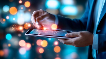 Poster - A person using a tablet, surrounded by vibrant bokeh lights, suggesting innovation and technology.