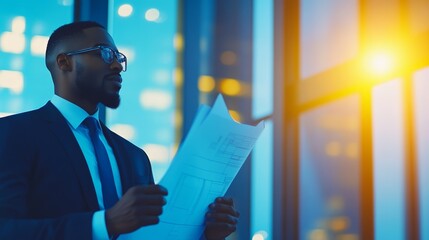 Poster - A professional man reviewing blueprints in a modern office setting.