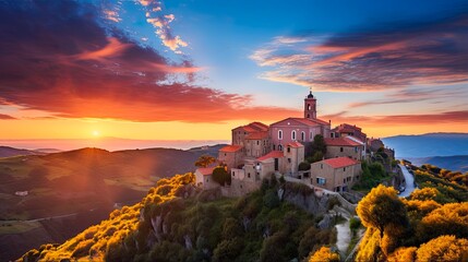Wall Mural - Panoramic View of Stilo, an Elegant Medieval Village in Calabria, against Beautiful Blue Cityscape featuring Catholic Church, Architecture and Clouds at Sunrise