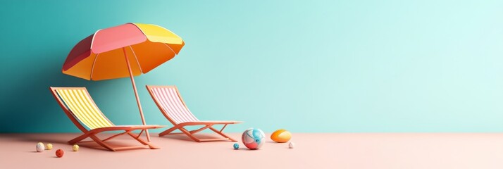 Aufkleber - Two empty beach chairs under a colorful beach umbrella stand on a pink sand beach with beach balls and toys scattered around, evoking a relaxing summer holiday atmosphere under a turquoise sky