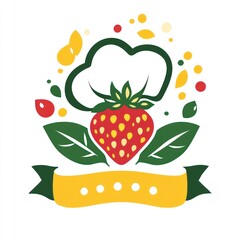 Canvas Print - Stylized strawberry with chef hat, banner, and leaves, food illustration for recipes or cooking