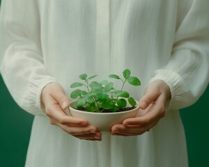 Poster - Morning Serenity Woman in White Gown Holding Seedlings in Soft Focus