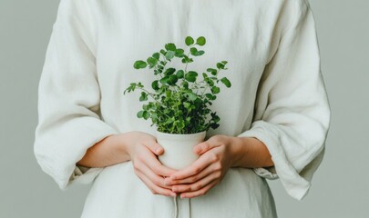 Poster - Minimalistic Portrait of a Woman Holding a Lush Green Plant in a White Pot