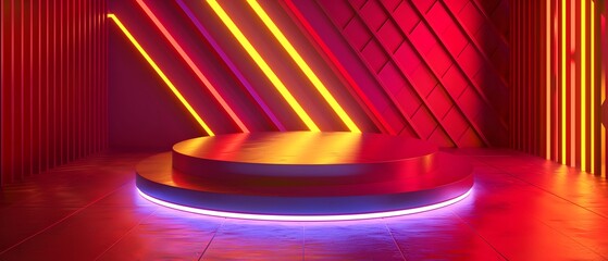 Aufkleber - Futuristic Stage with Colorful Neon Lights and Dynamic Background for Events, Presentations, or Artistic Performances in Modern Design