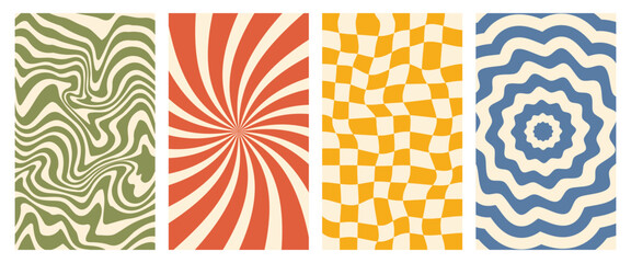Wall Mural - Vector groovy poster set. Chessboard and twisted backgrounds in trendy retro 70s style. Twisted and distorted patterns.