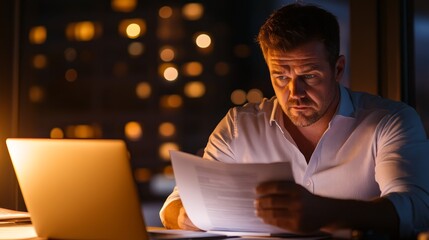 Poster - A man reviews documents in a dimly lit room with a laptop, reflecting concentration and focus.