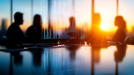 Poster - Silhouetted business meeting against a sunset backdrop, symbolizing collaboration and strategy.