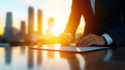 Poster - A businessman signing documents at sunset with a city skyline in the background.