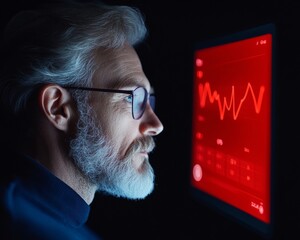 Poster - Older Man Analyzing Digital Data on Red Interface Display in Dark Room