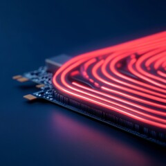 Poster - Sleek Gaming Graphics Card with Neon Glow and Metallic Finish in Dark Ambient Lighting