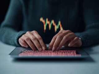 Poster - South Asian Woman Engaged in Crypto Trading on Laptop in Modern Office Setting