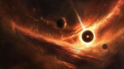 Wall Mural - a surreal cosmic scene of planets, nebulae, and a glowing black hole pulling in light