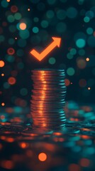 Poster - Stack of coins representing increasing value with upward arrow symbolizing investment growth and positive financial returns on a blurred background with bokeh effect