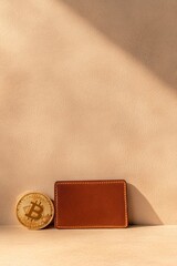 Aufkleber - Modern Financial Tools Cryptocurrency Coin and Leather Card Holder on Minimalist Beige Background