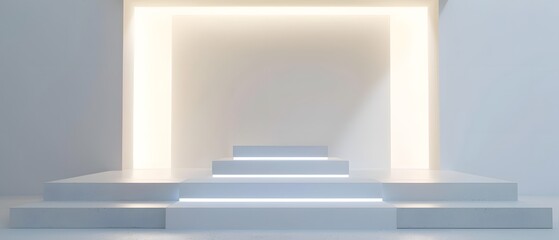 Poster - Modern minimalist stage design with dramatic lighting creating a serene atmosphere, ideal for events, presentations, photography, and artistic showcases in a contemporary setting.